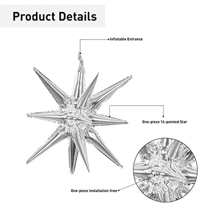 6 Pcs Silver Star Foil Balloons One-Piece 14-Pointed Star Balloon 4D Starburst Cone Mylar Balloon 22inch Christmas Birthday Wedding Wedding Anniversary Party Supplies(Silver) - color: 22 Inches Silver