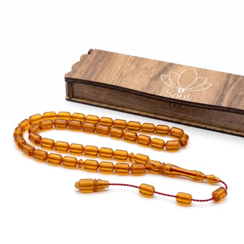 Saul Handmade 33 Beads Tasbih, Amber Phenolic Resin Islamic Prayer Beads with System Tassel, Pointed Capsule Cut Misbaha in Wooden Gift Box - color: Translucent Golden Honey
