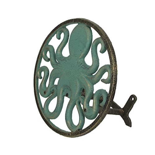 Zeckos Octopus Garden Hose Holder, 12 Inch Verdigris Cast Iron Wall Mount | Holds About 75-100 Ft of 5/8 Inch Hose, Three-Point Mounting, Bolts and Anchors Included - color: Octopus - Green
