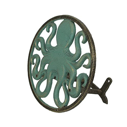 Zeckos Octopus Garden Hose Holder, 12 Inch Verdigris Cast Iron Wall Mount | Holds About 75-100 Ft of 5/8 Inch Hose, Three-Point Mounting, Bolts and Anchors Included - color: Octopus - Green