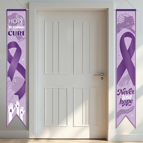 WANDIC 2Pcs Purple Ribbon Porch Banners,Alzheimer's Disease Ribbon Porch Signs Domestic Violence Door Hanging Banners for Charity Events Decoration,180 * 30cm - color: Purple Ribbon