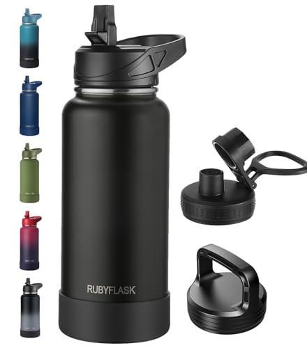 RUBYFLASK 32 oz Insulated Stainless Steel Water Bottle with Straw | 3 Lids, Wide Mouth, Metal Vacuum Leakproof Water Jug Flask and Handle, Large Thermal Cup with Silicone Boot, Black - color: Black, size: 32 Ounces