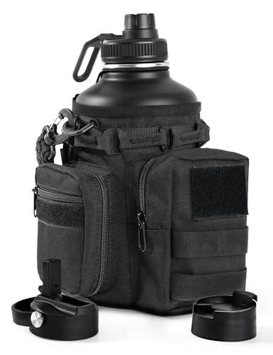 Tactical Half Gallon Water Bottle with Straw, 64 Oz Insulated Water Jug with Molle Water Bottle Holder, Stainless Steel Sport Bottle with 3 BPA Free Lids for Gym Workout Hiking (64oz-Black) - color: 64oz-Black