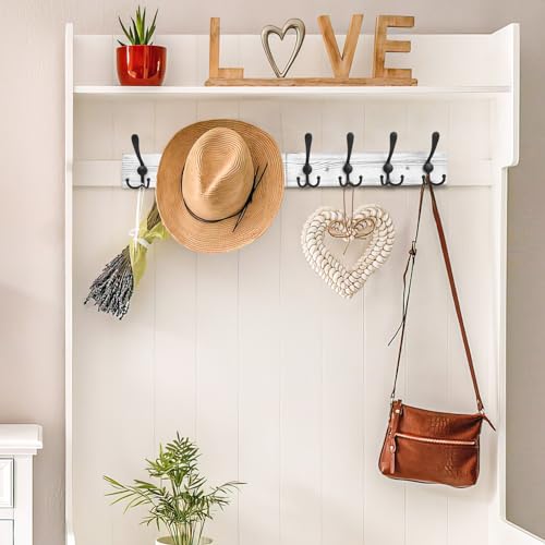 IBosins Wall Mounted Coat Rack, 31.4'' Long, Rustic Wood & Aluminum Coat Rack with 8 Black Tri-Hooks for Coat, Bag, Towel, Key, Hat, Umbrella - color: Old White