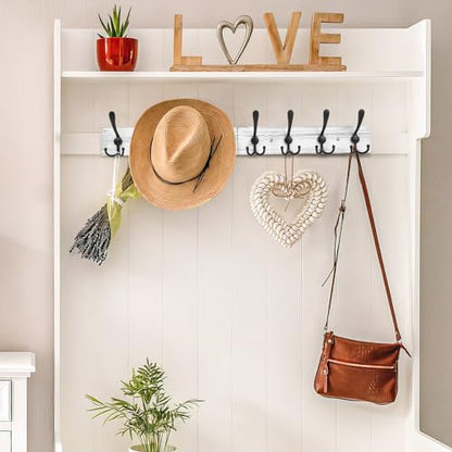IBosins Wall Mounted Coat Rack, 31.4'' Long, Rustic Wood & Aluminum Coat Rack with 8 Black Tri-Hooks for Coat, Bag, Towel, Key, Hat, Umbrella - color: Old White