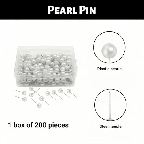 200PCS Pearl Head Pins, Decorative Pearl Ball Map Tacks with Plastic Storage Box, White Pearl Pushpins for DIY Wedding, Crafts, Sewing, Bulletin Board, Fabric Positioning (Pearl White)