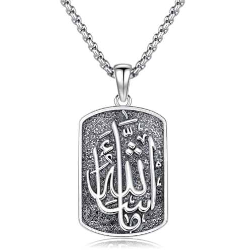 Allah Necklace 925 Sterling Silver Islamic Muslim Necklace Arabic Calligraphy Allah Dog Tag Pendant Islamic Jewelry gifts for Men Women - style: Allah-Mashallah