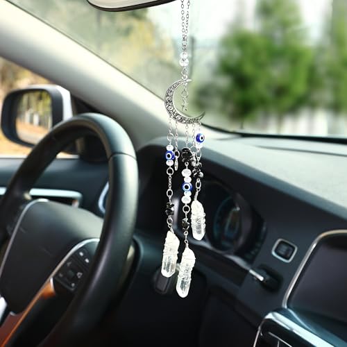 Car Rear View Mirror Accessories Car Hanging Ornament,Evil Eye Rearview Decor Charm Handmade Moon&Star White Jade Beads Unique Cute Swinging Interior Decor for Women Men - color: Evil Eye