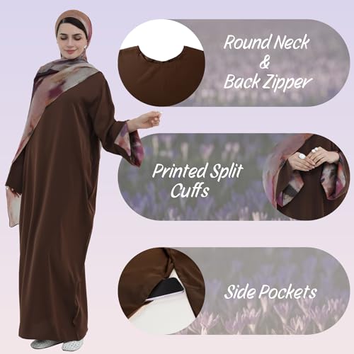 Printing Long Sleeve Abaya with Zipper for Women Dubai and Turkey Robe Spring and Summer Loose and Causual Dress - color: Coffee+hijab, size: Medium