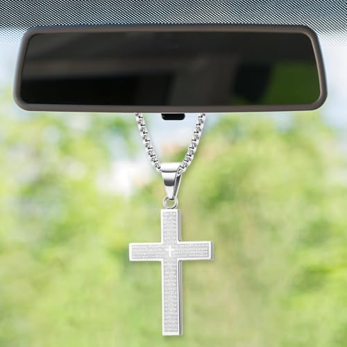 Cross Car Rear View Mirror Charm, Titanium Steel Automotive Mirrors Hanging Pendant, Religious Cross Necklace Ornament with Bible Verse, Vehicle Interior Decoration for Men, Women(Silver) - color: Silver