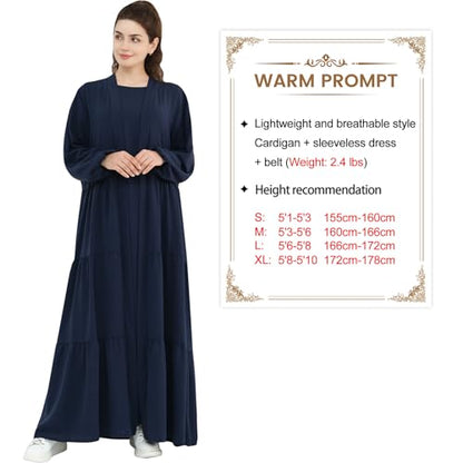 Women Muslim Abaya Dress 2PCS Soft Flowing Cardigan Dress Set Islamic Dubai Modest Kaftan Prayer Robe - color: Navy, size: X-Large