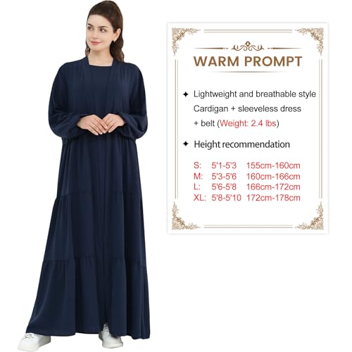 Women Muslim Abaya Dress 2PCS Soft Flowing Cardigan Dress Set Islamic Dubai Modest Kaftan Prayer Robe - color: Navy, size: Medium