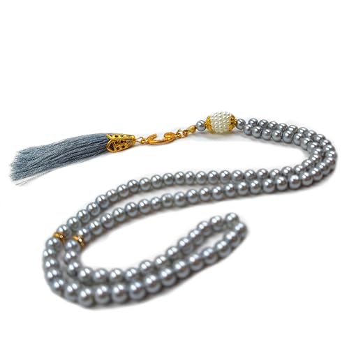 BAYKUL Muslim Prayer Beads 99, Islamic Rosary with Silver Allah Muhammad Engraved Tasbih, Zikr Namaz Worship Ramadan Tesbih Bracelet - color: Grey Pearl
