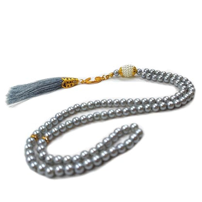 BAYKUL Muslim Prayer Beads 99, Islamic Rosary with Silver Allah Muhammad Engraved Tasbih, Zikr Namaz Worship Ramadan Tesbih Bracelet - color: Grey Pearl