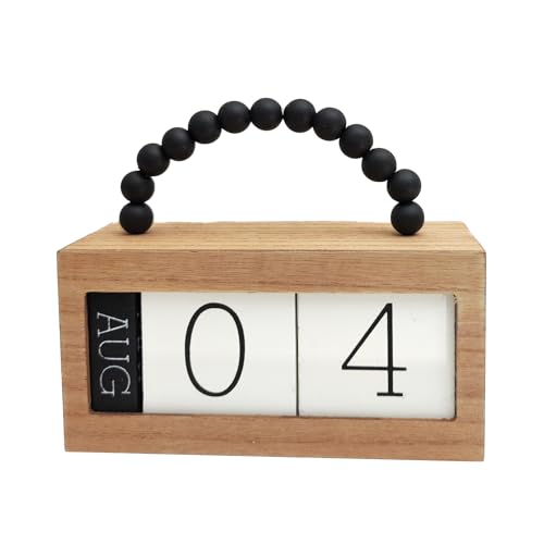 Wooden Perpetual Calendar for Desk, Metal Wood Month Date Display for Teachers, Students, Classroom, Rustic Farmhouse Office Decor, Desk Accessories (Black wood beads) - color: Black wood beads