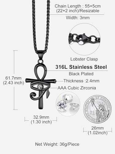 Richsteel Stainless Steel/Gold/Black Plated Ankh Cross Pendant Necklace for Men Women with Wheat Chain Religious Jewelry(with Gift Box) - color: 02-Black Eye
