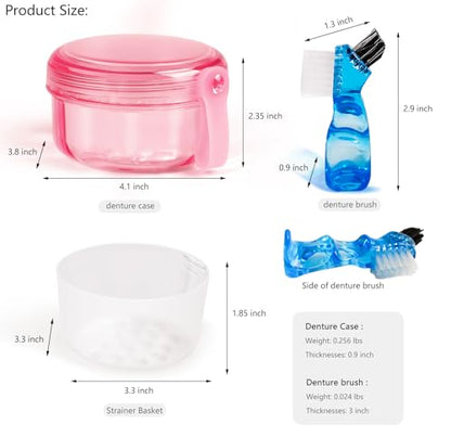 No Leak Non-Slip Denture Case with Strainer & Brush, for Retainer & False Teeth, Dishwasher Safe, Transparent Pink - color: Transparent Pink