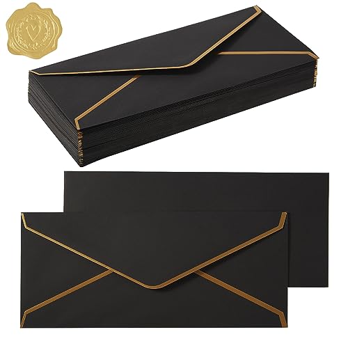 100 Pack #10 Business Envelopes with Gold Stickers, Black | Self Seal Standard Envelopes with Gold Border, 4 1/8 x 9 1/2 Inches, For Office, Checks, Letter Mailing, Invoices - color: Black