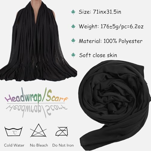 ZRQ 1 Pieces Black Stretch Hijab Extra Long Solid Color African Shawl Hair Scarfs Jersey Turban Fashion Head Scarf Soft Head Wraps for Black Women - color: Black