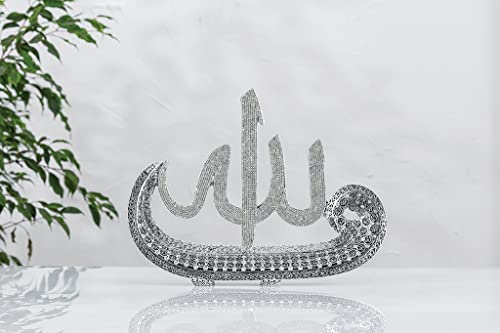 Asma ul husna 99 Names of Allah Name Small Size WAW with Rhinestones Islamic Art Ornament Table Decor (Silver Tone)