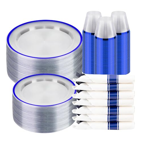 BESTSTAR 350PCS Clear and Blue Disposable Plastic Plates Set for 50 Guests - color: Blue, size: 350 Piece (50 guests)