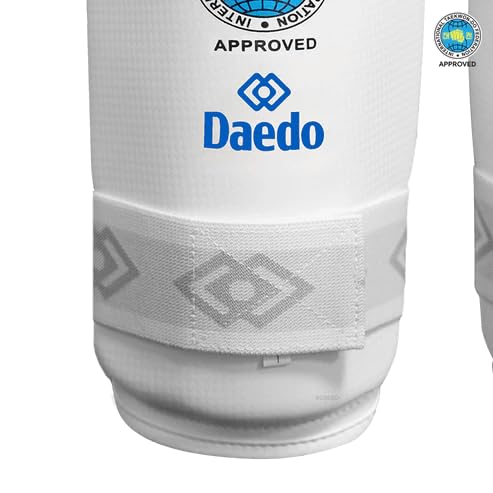 Daedo ITF Approved White Shin Guards – Martial Arts Leg Protectors – Lightweight Guards with Straps for Training - size: Small