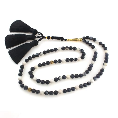 Muslims Islamic Dhikr 99 Tasbeeh Tasbih Prayer Beads, Black White Stone Beads with Tassel