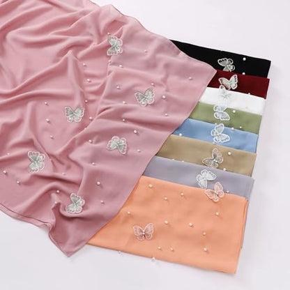 Muslim Prayer Hijab for Women Lightweight Pearl Chiffon Scarfs 3-D Butterfly Embroidery with Glitters Beads Islamic Hijab - color: Light Blue