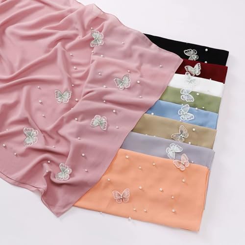 Muslim Prayer Hijab for Women Lightweight Pearl Chiffon Scarfs 3-D Butterfly Embroidery with Glitters Beads Islamic Hijab - color: Green