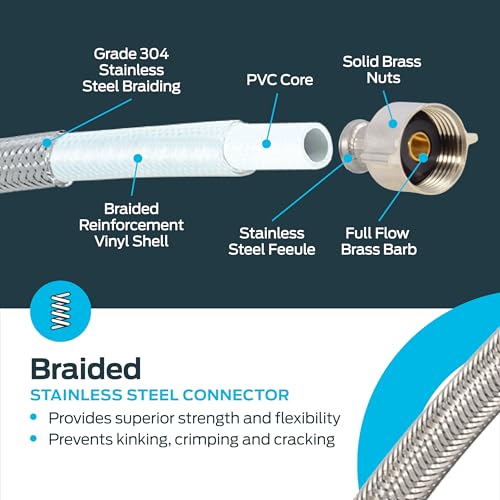 Eastman 20 Inch Flexible Toilet Connector, Stainless Steel Braided Hose with 7/8 Inch Ballcock Nuts, 3/8 Inch Compression, 48090 - size: 20 in. L x 7/8 in. B/C x 3/8 in. Comp