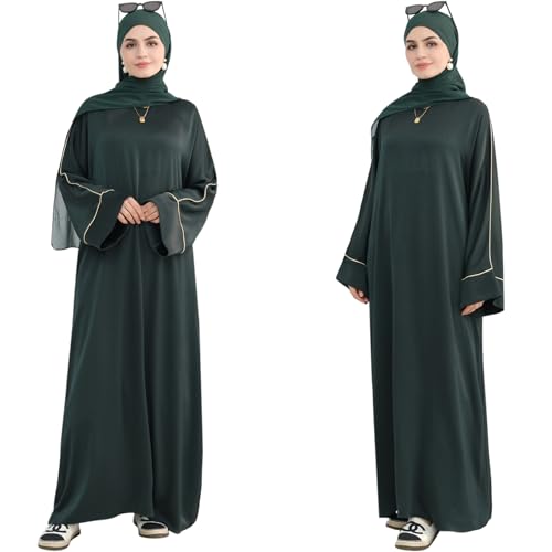 Muslim Praying Dress for Women Silk Glossy Back Zipper Robe Wear Gold Trim Modest Abaya Dress with Hijab - color: Army Green, size: Small