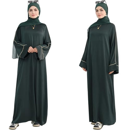 Muslim Praying Dress for Women Silk Glossy Back Zipper Robe Wear Gold Trim Modest Abaya Dress with Hijab - color: Army Green, size: Large