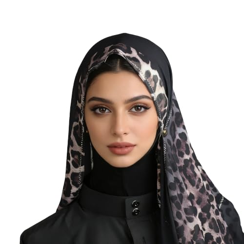 Chiffon Rhinestone Muslim Headscarf - color: Black Striped Leopard Print 