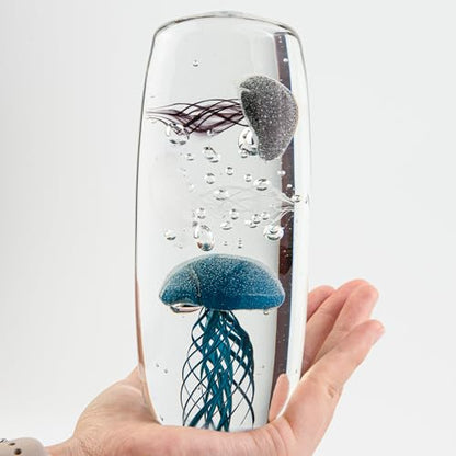 Glow in the Dark Jellyfish Paperweight, 6.8" Tall Glass Cylinder Aquarium with 3 Floating Jellies (Blue, White, Grey), Luminous Ocean Decor Night Light for Home Office