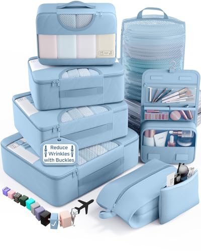 Veken 8 Set Packing Cubes for Travel Essentials,Anti-Wrinkle Buckled Suitcase Organizer for Shoe & Toiletry Bag,Carry On Luggage Bag with 99+ Count Mesh Holes for Airplane & College Dorm Accessories - color: 10 Starlight Bluen
