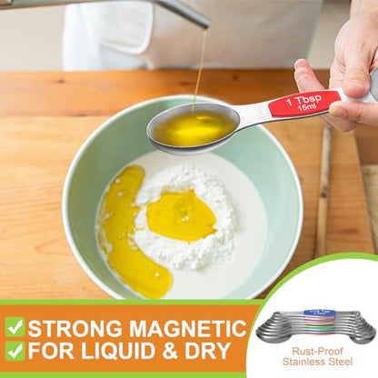 Wildone Stainless Steel Magnetic Measuring Spoons with Strong Magnets, 14pc | Including 8 Double Sided Magnetic Measuring Spoons, Leveler and 5 Mini Spoons for Spice Jar and Liquid Measuring, Multicolor - color: Multicolor