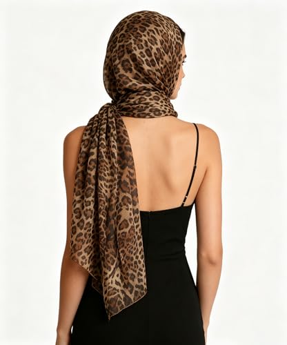 Leopard Print Long Scarf for Women – Lightweight Chiffon Cheetah Shawl Neck Scarf Soft Animal Print Scarves Headscarf Wrap for Spring Summer Beach Travel