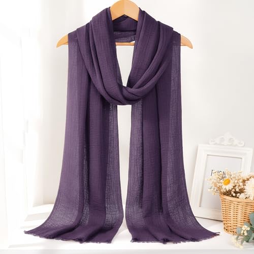 Nydotd Women Summer Cotton Linen Scarf Crinkle Long Beach Shawl Wrap hijab with Fringe - color: Deep Purple