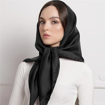 vimate 35" Square Silk Like Head Scarf - Women's Fashion Satin Scarf Bandana for Hair Wrapping at Night. - color: A#. Black