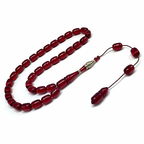 EXCLUSIVE COLLECTION -Handmade Silver Engraved Bakelite Tesbih, Tasbih, Islamic Rosary, Islamic Prayer Beads, Misbaha (8x12 mm 33 Cherry Cylinder Beads) - color: 8x12 mm 33 Cherry Cylinder Beads)