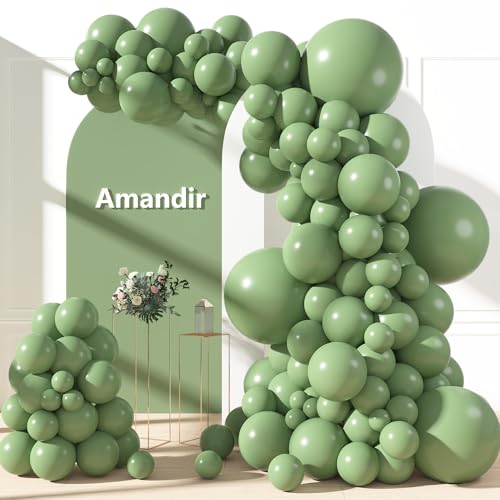 Amandir 153pcs Sage Green Balloons Arch Garland Kit Different Size 18 12 10 5 Inch Olive Dusty Light Green Latex Balloon for Birthday Wedding Engagement Jungle Bridal Shower Party Decoration - color: Sage Green