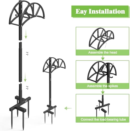 Mr IRONSTONE Heavy Duty Freestanding Garden Hose Stand With 4 Ground Spikes, Upgraded Stainless Steel Hardware Water Hose Holder, Black