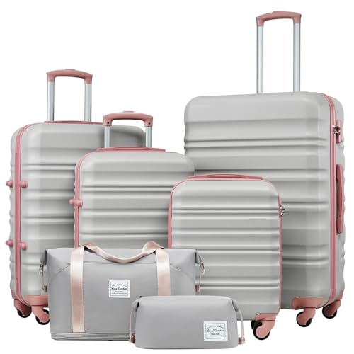LONG VACATION Luggage Sets, 6 Piece, Hardshell Suitcase with Spinner Wheels - color: GREY-PINK, size: 6-Piece Set
