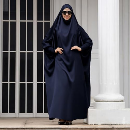 IKADEX Jilbab for Muslim Women Hooded Abaya Kaftan Dress Hijab Chador One-Piece Loose Fit Arabic Islamic Prayer Robe - color: Navy Blue