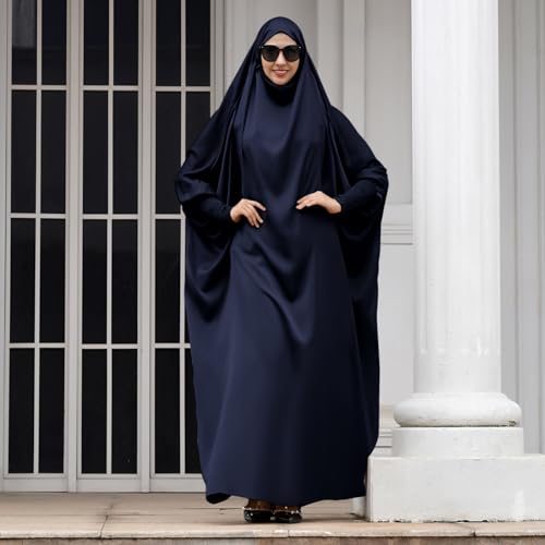 IKADEX Jilbab for Muslim Women Hooded Abaya Kaftan Dress Hijab Chador One-Piece Loose Fit Arabic Islamic Prayer Robe - color: Navy Blue