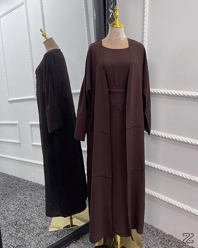Abaya Muslim Prayer Dress Set Ramadan Open Front Islamic Clothing 3pcs Prayer Robe with Waist Apron Loose Flowy - color: Coffee, size: Small