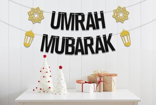 Umrah Mubarak Banner, Eid Party Decorations, Gold Black, 3.0x5.0 inches - color: Gold Black
