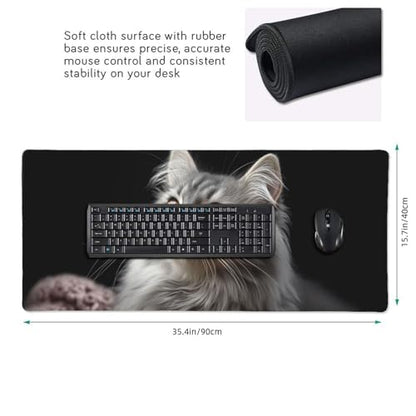 XXL Gaming Mouse Pad 35.4x15.7 Inch, Large Extended Desk Mat | Mousepad with Cat Design, Non-Slip Rubber Base, Water-Resistant Surface and Stitched Edges for Gaming, Office & Home - color: Cat