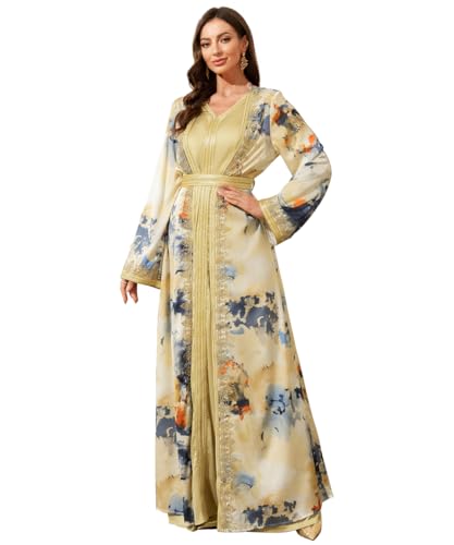 Abaya for Women Floral Embroidered Muslim Dress V-Neck Arabian Maxi Robe - color: Multicolour, size: X-Small