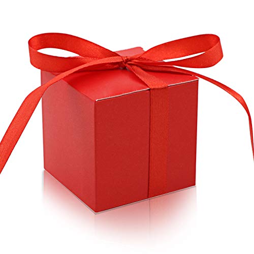 KPOSIYA 100 Pack Favor Boxes 2x2x2 inch Candy Boxes Red Gift Boxes with Ribbons for Wedding Baby Shower Decorations Birthday Party Supplies - color: Red(Pack of 100)